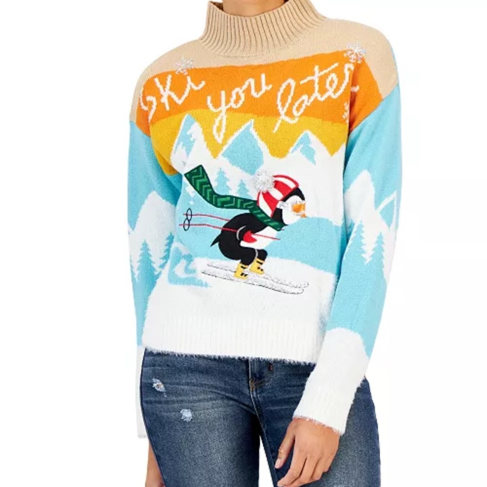 Hooked Up by IOT Ski You Later Penguin Sweater Size XL